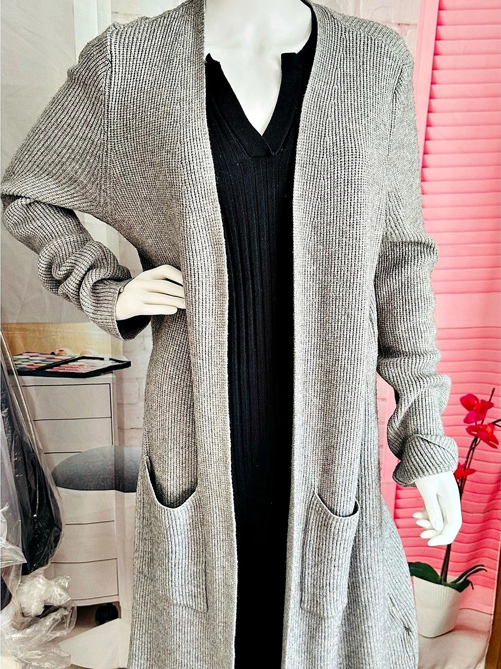 Cyrus Rib Knit Open Front Cardigan Gray